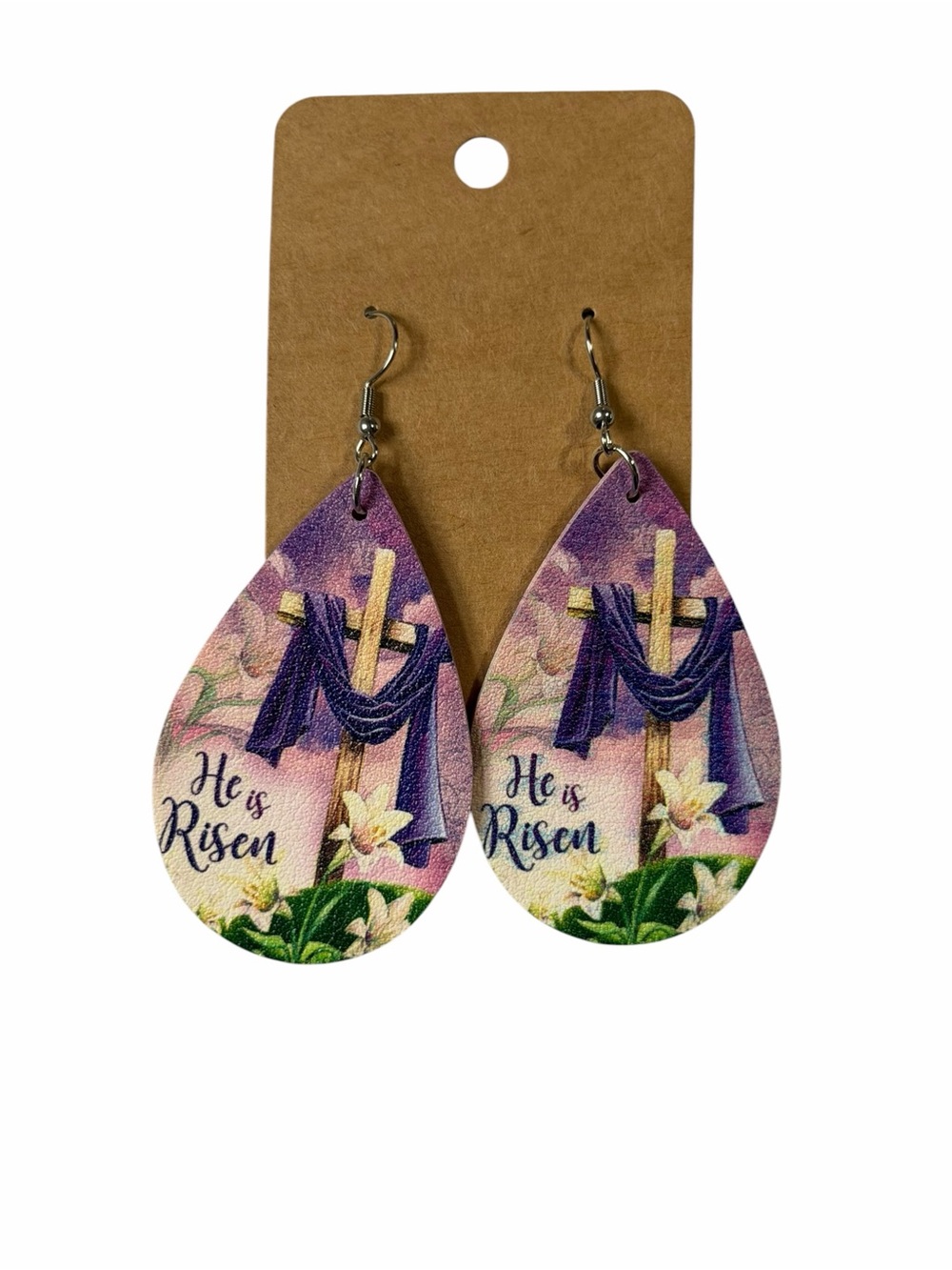 Religious 'He is Risen' Purple Teardrop Earrings